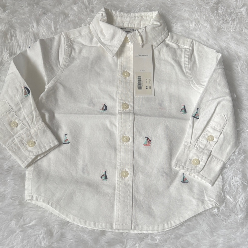 NWT Janie And Jack White Long Sleeve Button Down Sailboat Print Size 6-12 Month